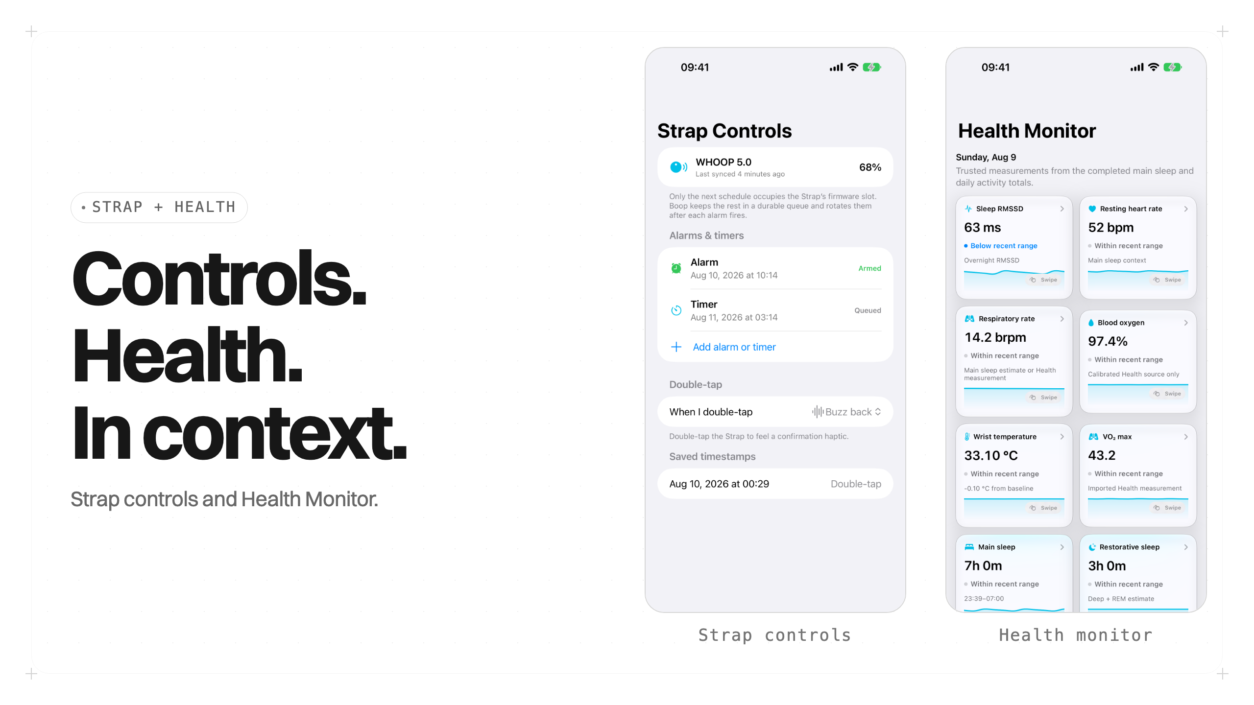 Original EveryBand Strap Controls and Health Monitor app previews on white.