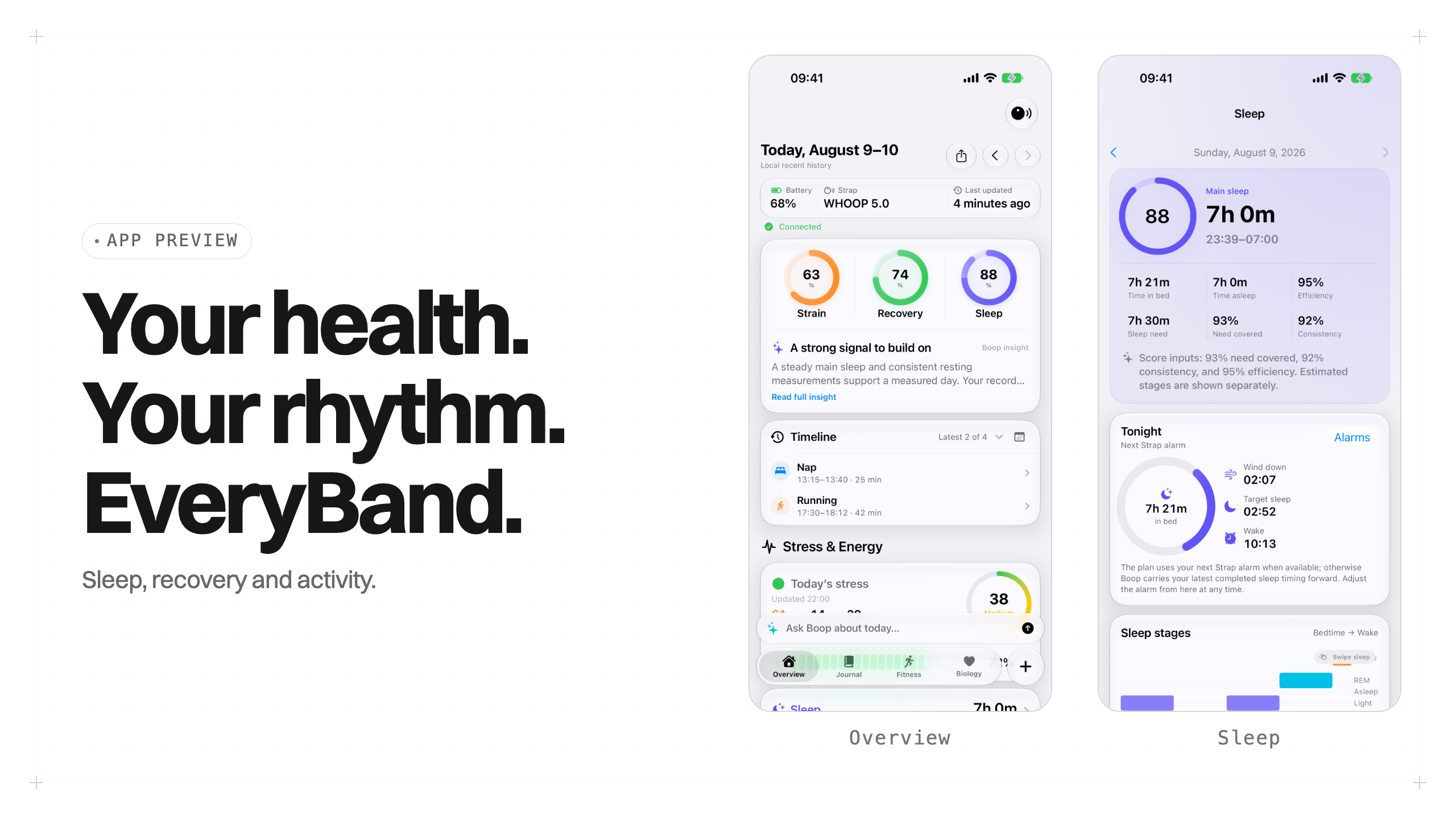 EveryBand: Your health. Your rhythm. Original Overview and Sleep app previews on white.
