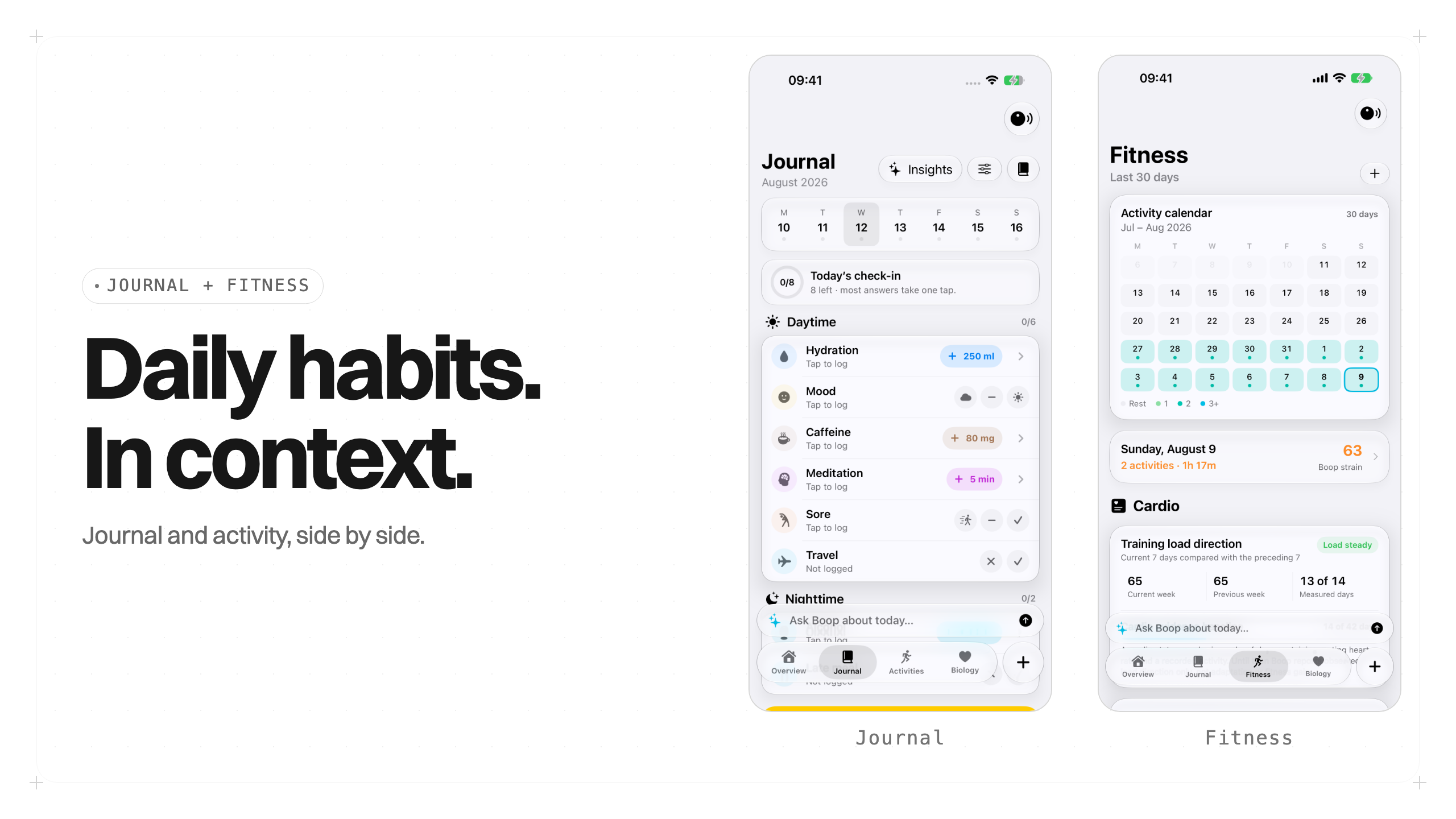 Original EveryBand Journal and Fitness app previews on white.